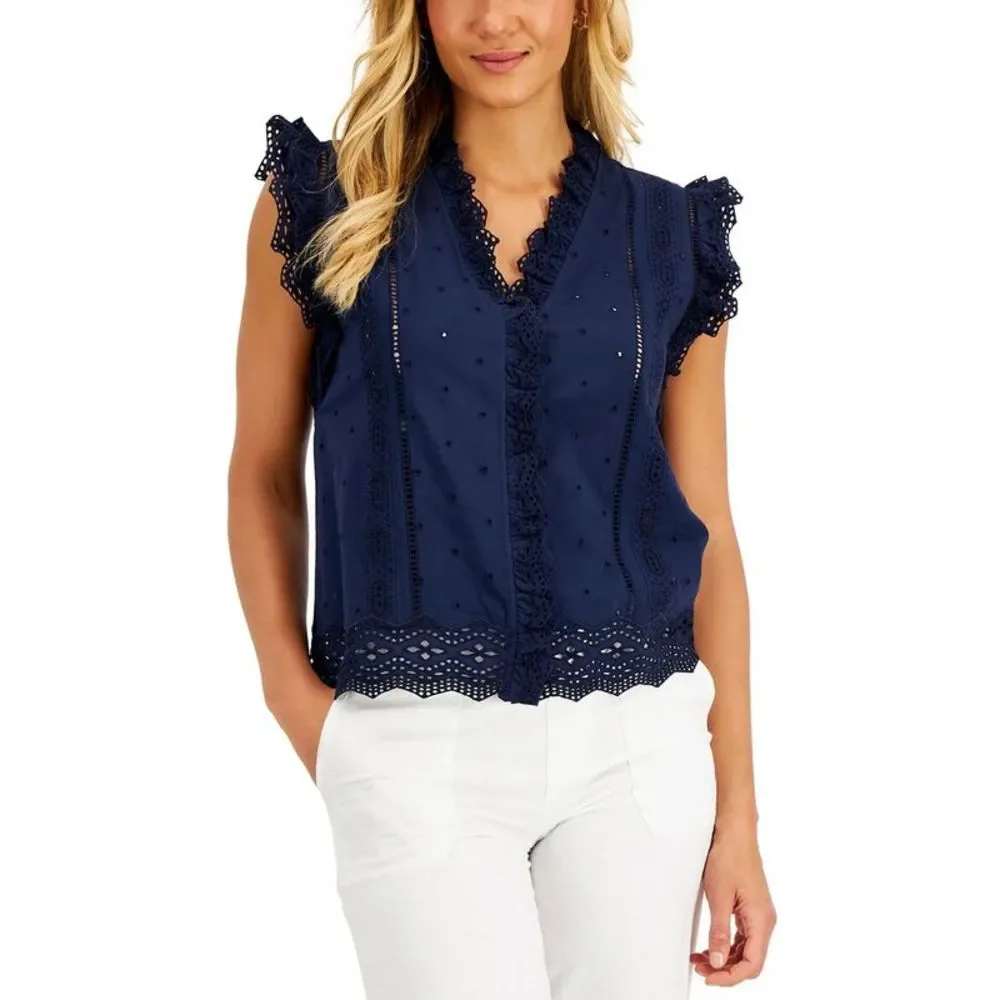 Charter Club Womens Blue Cotton Lace V-Neck Blouse Top NWT